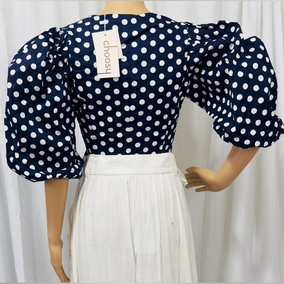 Elegant Cropped Wrap Navy&White Polka Dot Blouse Puff Elbow Length Sleeves M NWT - Picture 5 of 11